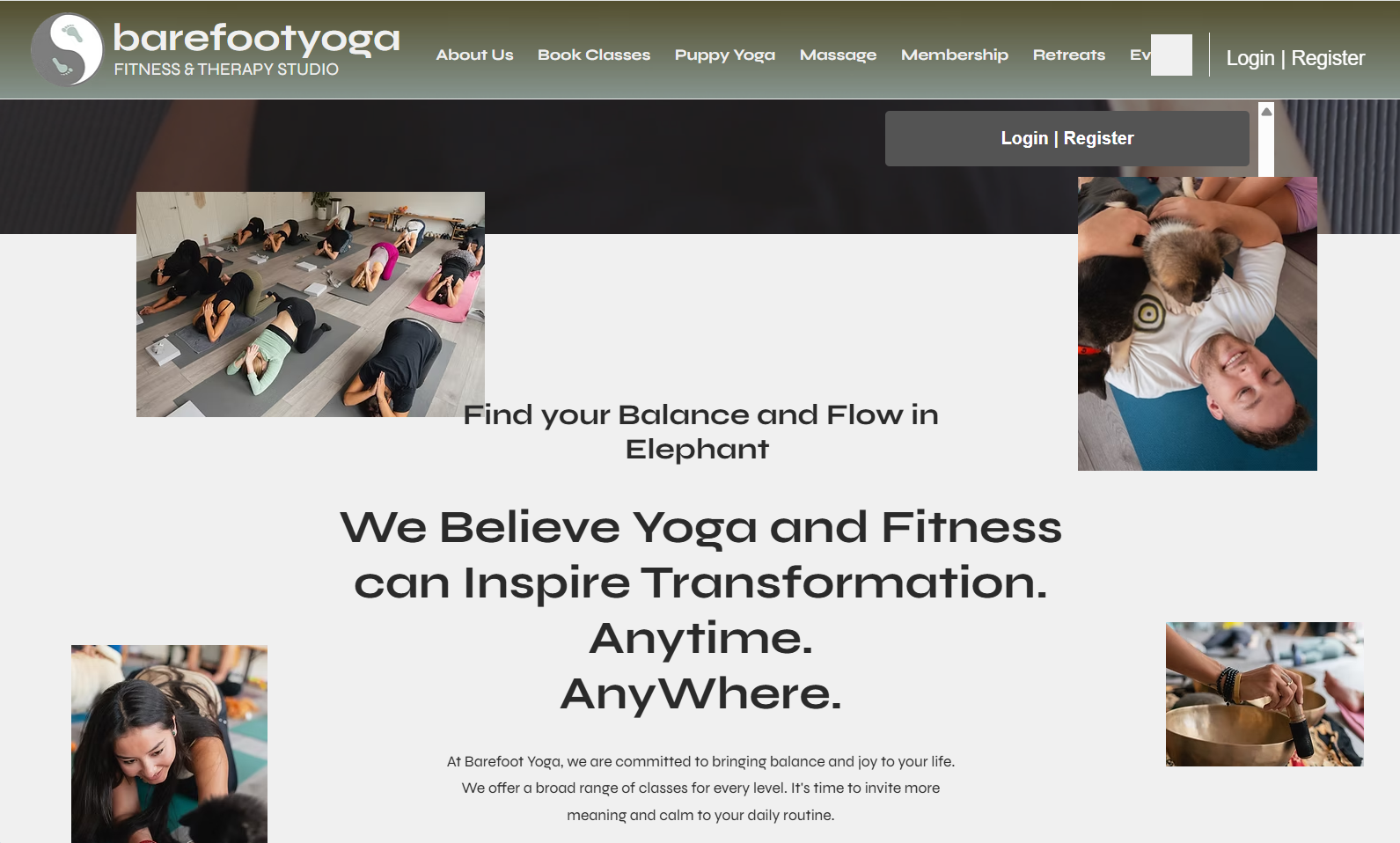 Barefoot Yoga and Therapy website interface